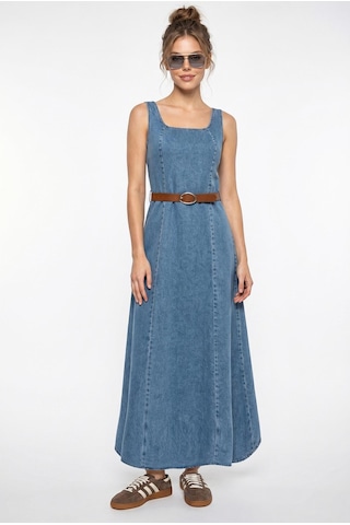 Shade Kadın Geniş Yaka Askılı Kemerli Kloş Denim Elbise 6084 60286108 - Mavi