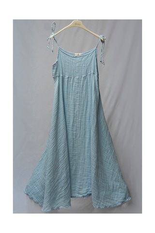 %100 Pamuk Müslin Nefes Alır Kadın Askılı Gecelik Elbise Pijama Rahat, Şık Gots Sertifikalı Açık Mavi