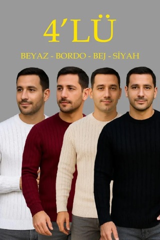 Butik İstanbul Erkek Fitilli Triko Bisiklet Yaka Kalın Kazak 4lü Set Beyaz-bebek Mavisi-gri-siyah Haki - Siyah - Beyaz - Bej