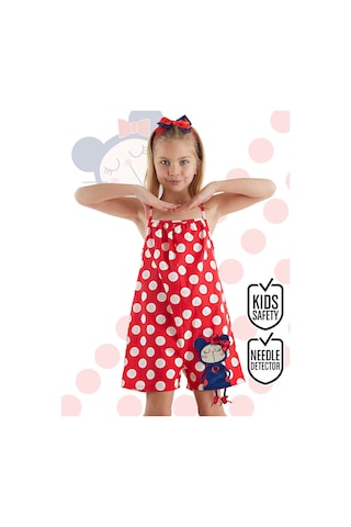 Denokids Kırmızı Puantiye Kız Çocuk Dokuma Tulum Çok Renkli