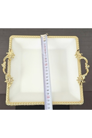 Porselen Küçük Sade Kare Servis Tabağı-sunumluk Döküm Gold Çerçeve Ve Ayaklı 22cm Beyaz