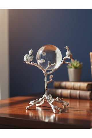 Furkan Metal Dekoratif Ayaklı Kuşlu Küre Güümüş Obje 1