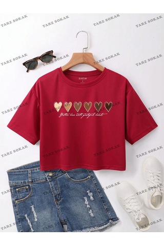 Flood Of Style Crop Ckod-232913 Kalpli Ve Sloganlı Grafik Düşük Omuzlu Bordo
