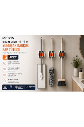 3'lü Duvara Monte Yapışkanlı Sap Tutucu, Mop Tutucu, Süpürge Tutucu, Şemsiye Tutucu, Kaymaz Kauçuk Silikon Organizer Askılık 3 Adet Beyaz - Turuncu