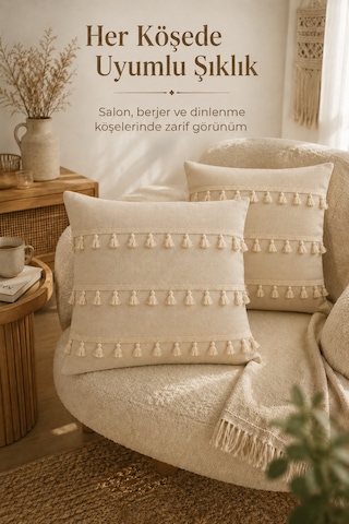 Naturel Keten Püsküllü Kırlent Kılıfı Bohem Rustik Vintage Salon Dekoru Dekoratif Kırlent Kılıfı Bej