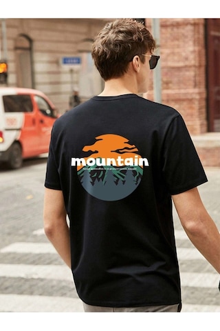Erkek Siyah Oversize Mountain Baskılı T-shirt Siyah