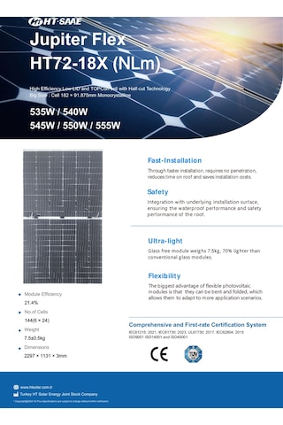 550w Esnek Güneş Paneli Marin / Karavan / Trapez Çatı / Branda Üstü Hafif Ve Kolay Montaj Solar Panel Ht72-18x Nlm