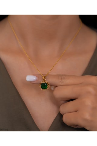 Bayar Gold 14 Ayar Altın Yeşil Taşlı Telkari Kolye Sarı Altın