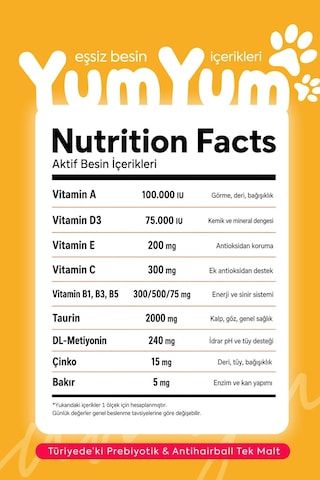 Yumyum İlk Prebiyotik İçerikli Tüy Dökülme Engelleyici Tüy Yumağı Ve Kusma Önleyici Multivitamin Kedi Malt Macun 100 Gr
