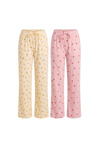 Siyah İnci 2'li Fiyonk Desenli Yumuşak Tuşe Kışlık Örme Tek Alt Pijama Altı 8074 Pembe Ekose Sarı Limon