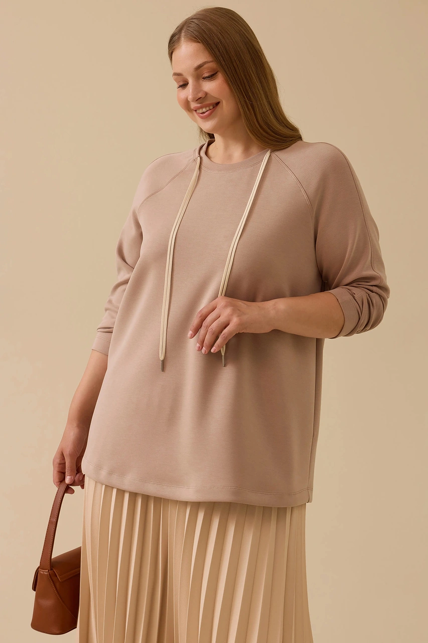 Galaxi Kadın Büyük Beden Bağcıklı Basic Sweatshirt 4002 Camel Camel