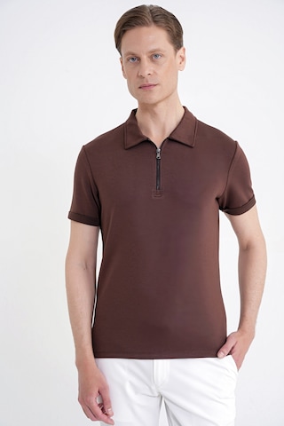 Efor Slim Fit Esnek Pamuklu Fermuarlı Kahverengi Polo Yaka Tişört Ts 926