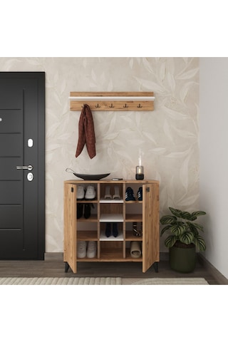 Albena 2 Kapaklı Ayakkabılık, Vestiyer, Portmanto, Askılık, 90 Cm Atlantik Çam Atlantik Çam - Beyaz