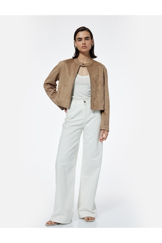 Koton Slim Fit Fermuarlı Cepli Uzun Kollu Dik Yaka Suni Süet Ceket Vizon 6wak20286ew VIZON