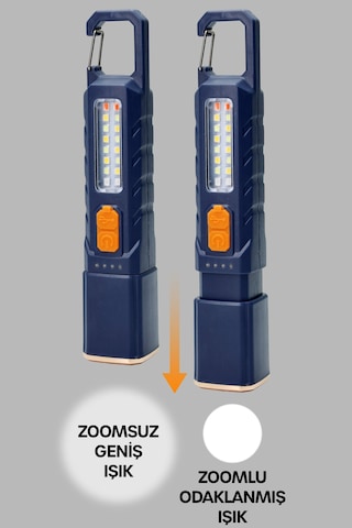 Şarjlı El Feneri 6 Mod Karabina Askılı Çakarlı Cob Led Kamp Lambası Acil Durum Işığı Mavi 7170 Mavi