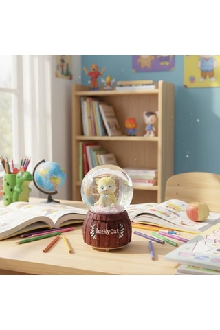 Pilli Işıklı Müzikli Kar Küresi-şanslı Kedi Figürlü Eğlenceli Masaüstü Biblo, Led Aydınlatmalı Dekoratif Hediyelik Kar Küresi Bx40