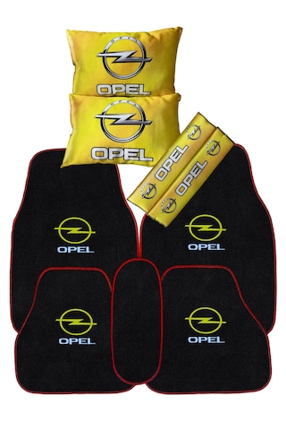 Opel Uyumlu 5'li Oto Halı Paspas & Dijital Baskılı Sarı Araç Boyun Yastığı & Emniyet Kemer Pedi