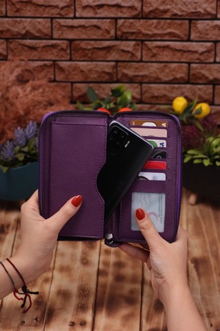 Ozka Leather Collection Telefon Bölmeli Uzun Cüzdan Ve Otomatik Mekanizmalı Kartlık Cüzdan Sevgili Paketi Mürdüm