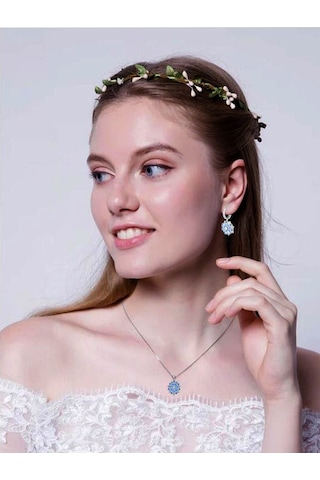 Aquamarin Taşlı Pırlanta Model Lotus Çiçeği Kadın Gümüş Set Gümüş