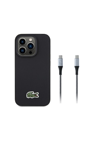 Apple Uyumlu iPhone 15 Pro Max Kılıf Lacoste Lisanslı İkonik Timsah Dokuma Logolu Kapak + Type-c Kablo 1.5m Siyah