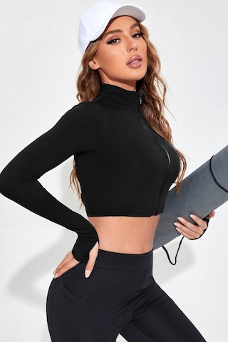 Angbutik Kadın Siyah Uzun Kol Fermuarlı Parmak Geçme Detaylı Dik Yaka Crop Top Bluz