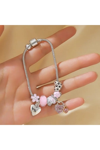 Yeni Tarz, Pembe Kalp Sade Şık Crystal Aşk , Sevgi Charmlı Bileklik, Ahşap Kutu İçerisinde Gümüş Gümüş