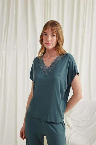 Modenya Kısa Kollu V Yakalı Dantelli Pijama Takımı Yeşil