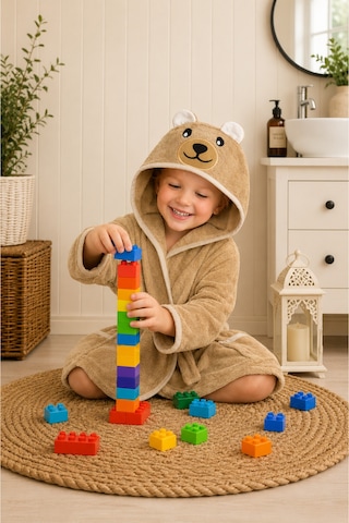 Ayıcık Kapüşonlu Çocuk Bornozu Unisex Bebek ve Çocuk Banyo Bornozu, Yumuşak Dokulu, 1-10 Yaş 1-2 Yaş