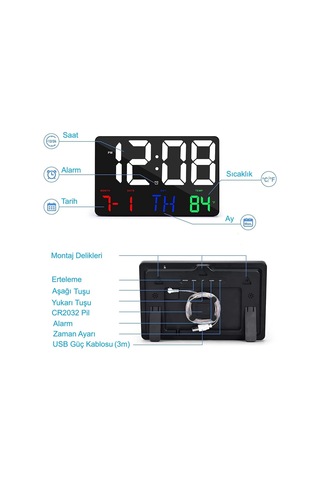 Dijital Duvar Saati Renkli Hd Led Ekran 25x16 Cm Tarih Gün Sıcaklık Alarm Usb Dekoratif