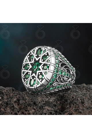 Özel Tasarım 925 Ayar Gümüş Yeşil Zirkon Taşlı Erkek Yüzük Gümüş