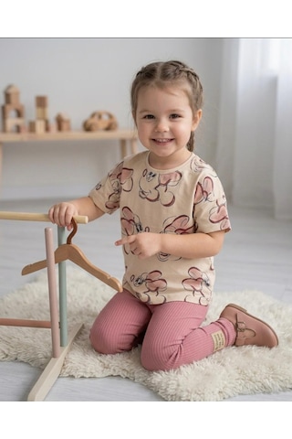 Durukoza Kız Çocuk Taytlı Takım Pembe Ribanalı Günlük Takım 4-8 Yaş