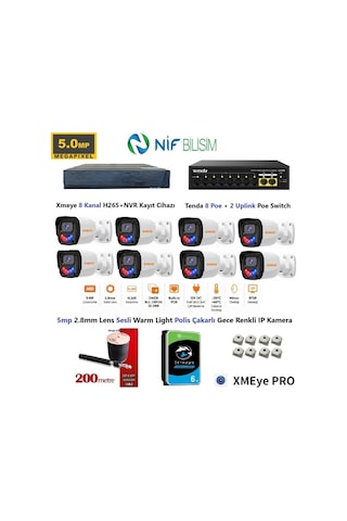 Xmeye 5mp 2.8mm Sabit Lens Polis Çakarlı Sesli Ve Gece Renkli 8 Kameralı Ip Kamera Seti 6tb Disk