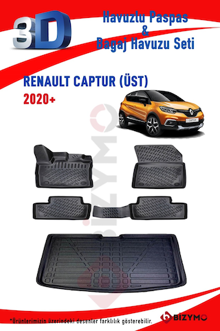 Renault Captur 2020+ 3D Havuzlu Paspas ve Üst Bagaj Havuzu Seti Siyah