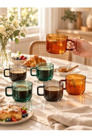 Qerhome Borosilikat Cam Vetra 6 Lı Renkli Cam Kupa Seti 250 Ml Çok Renkli
