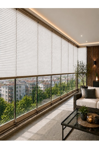 Plise Perde Beyaz Kumaş + Bronz Profil Kasa Cam Balkon Perdesi