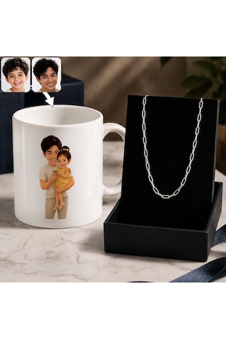 Bk Gift Kişiye Özel Baba&çocuk Karikatürlü Beyaz Kupa & Ataç Zincir Kolye -3, Babalar Günü Hediyesi Gümüş