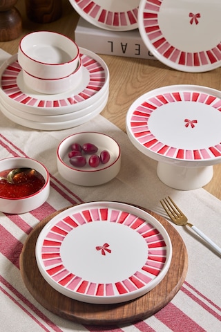 Handmade 11 Parça Ribbon Ayaklı Sunum Standlı Kahvaltı Takımı - Kurdelalı Kahvaltı Takımı Pembe Beyaz