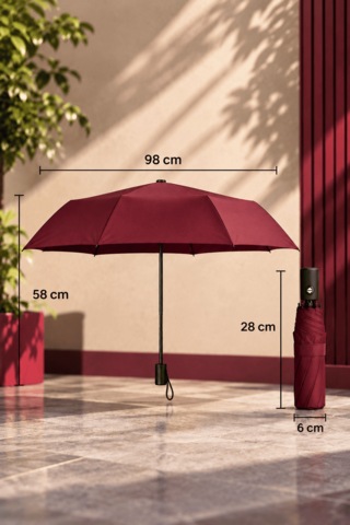 Lipra Kılıflı Otomatik Kompakt Şemsiye 98 Cm 8 Telli Tek Tuş Açılır Katlanabilir Yağmur Şemsiyesi Bordo