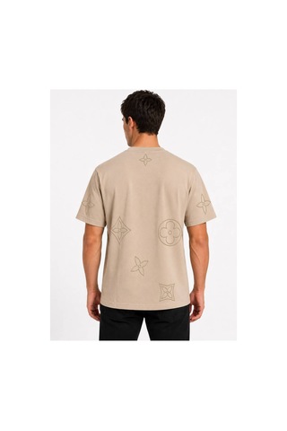 Hzr Wear %100 Pamuk Regular Fit Bisiklet Yaka Kısa Kollu Kabartma Baskılı Erkek Tişört Bej