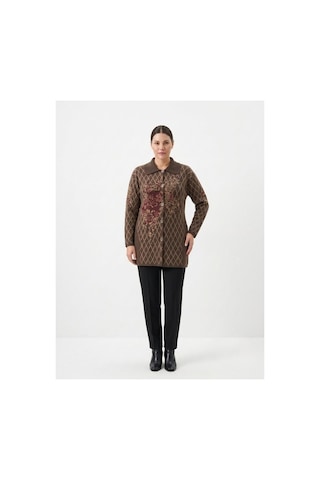 Onno Style Women Ekose Gül Pike Desenli Çelik Örgü Kadın Triko Kaban Kahverengi