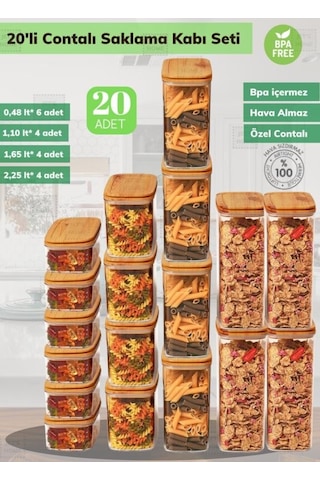 20 Li Erzak Saklama Kabı Seti Bpa Free Bakliyat Kutusu Hava Almaz Bambu