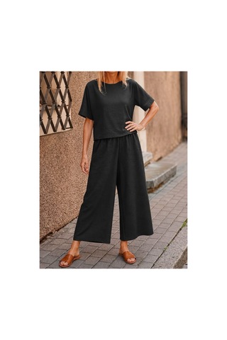 Butik İstanbul Kadın Kısa Kollu Kayık Yakalı Bluz Ve Pantolon Ikili Takım Siyah