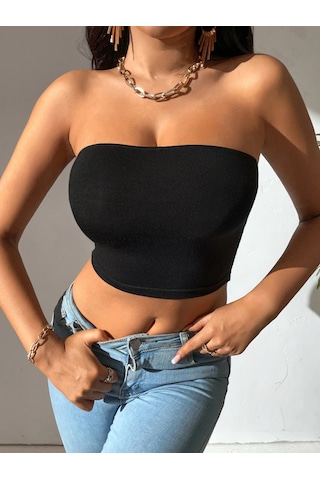 Liona Kadın Siyah Straplez Crop Top Bluz 001