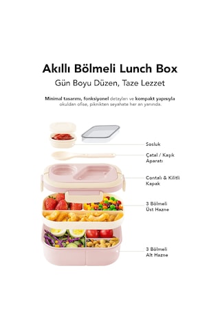 Bondie Kilitli Kapak Yemek Kabı - 2 Katlı Bölmeli Kaşık Ve Sosluklu Lunch Box Beslenme Kutusu Pembe