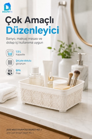 Jute Çok Amaçlı Sepet No:1 1,5 L Plastik Saklama Düzenleme Sepeti 18,5x13x6,5 Cm Çok Renkli