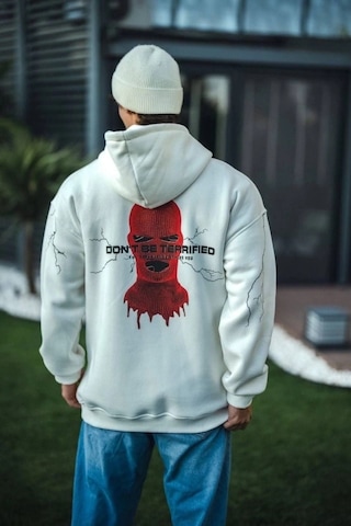 Vexor Üç İplik Kapşonlu Baskılı Oversize Sweatshirt- Beyaz