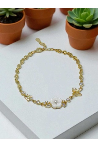 925 Ayar Gümüş Zarif Çiçek Ve Kelebek Figürlü Taşlı Kadın Bileklik Gümüş