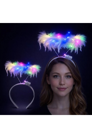 Renkli Led Işıklı Beyaz Tüylü Püsküllü Parti Tacı 13+
