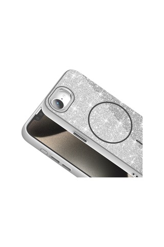 Apple Uyumlu iPhone 16e Kılıf M-safe Şarj Özellikli Parlayan Simli Zore Okso Kapak Beyaz