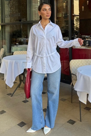 Seeh Beyaz Kemer Detaylı Oversize Kadın Gömlek Sh366 Basic